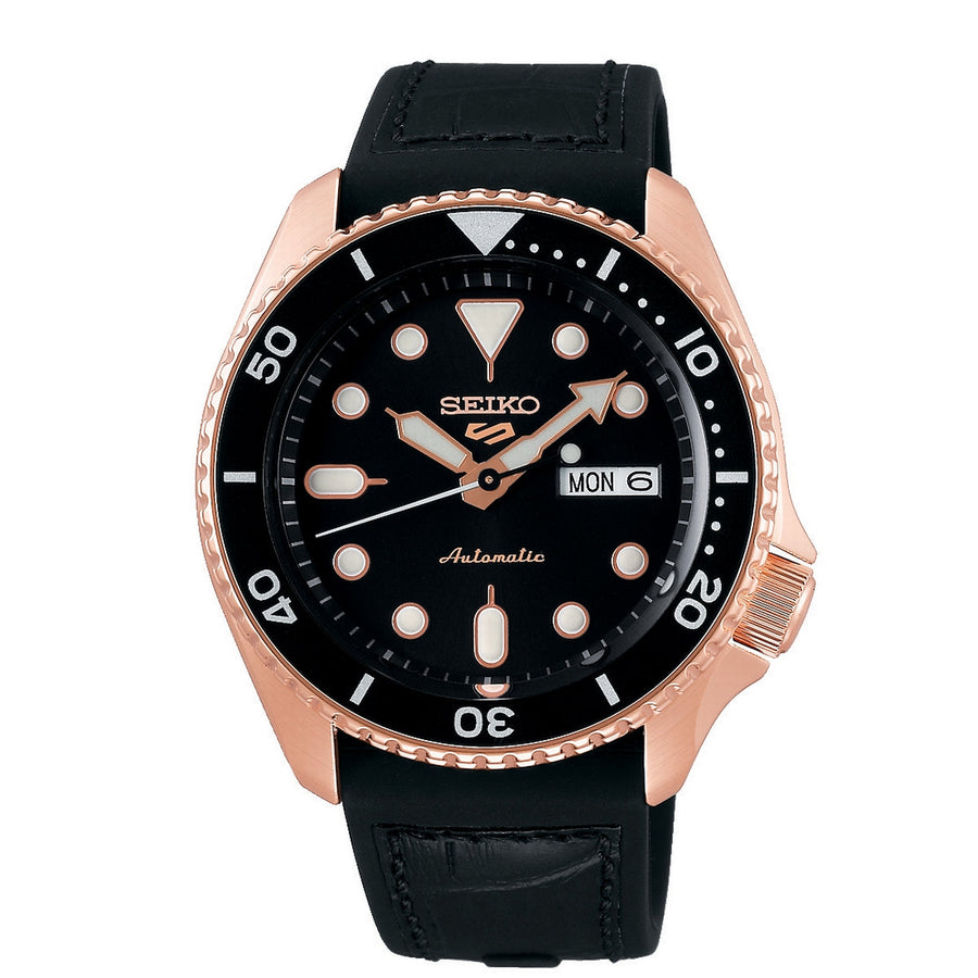 seiko 5 automatic black dial rose gold strap watch