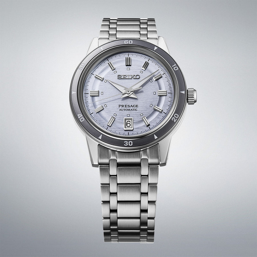 seiko presage style 60s in silvery violet bracelet watch