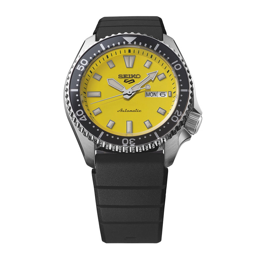 seiko 5 sports skx redux in ki-iro yellow strap watch