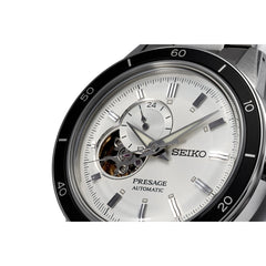 seiko presage style 60 automatic dual time, open heart, ivory dial, 40.8mm 5bar, bracelet watch