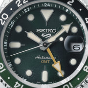 seiko 5 sports skx gmt black & green bezel with a green dial