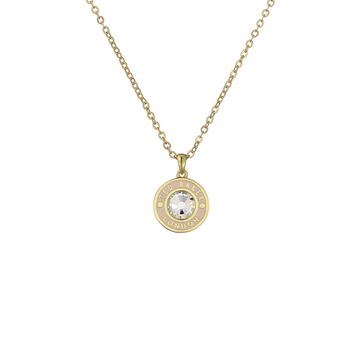 ted baker cherlie: crystal button pendant necklace gold tone, pink, clear crystal