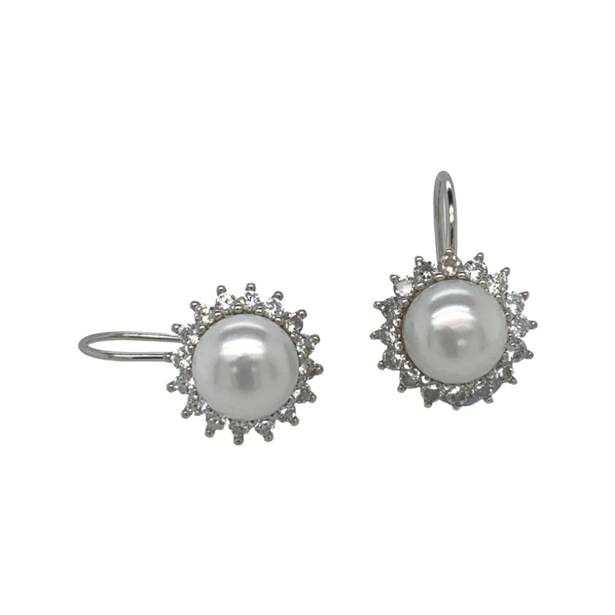 silver halo lever back earrings with freshwater pearl and cz