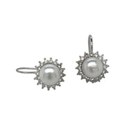 silver halo lever back earrings with freshwater pearl and cz