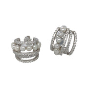 silver push back 5 row earrings with freshwater pearls and cz