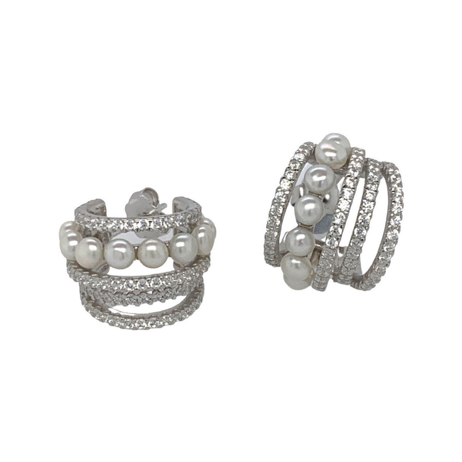 silver push back 5 row earrings with freshwater pearls and cz