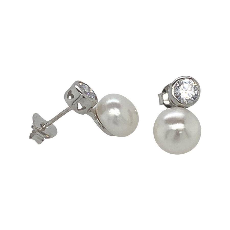 silver push back earrings decorated with freshwater pearls and cz
